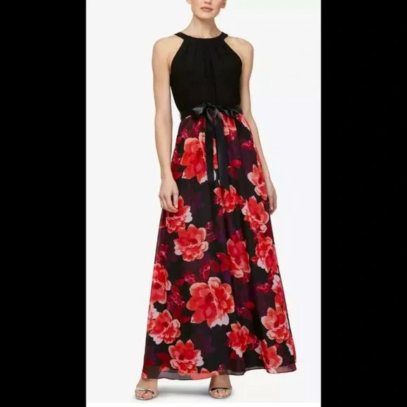 SLNY | Dresses | Womens Formal Dress Size 6 Slny Halter Black Bodice Red  Floral Print F14 New | Poshmark